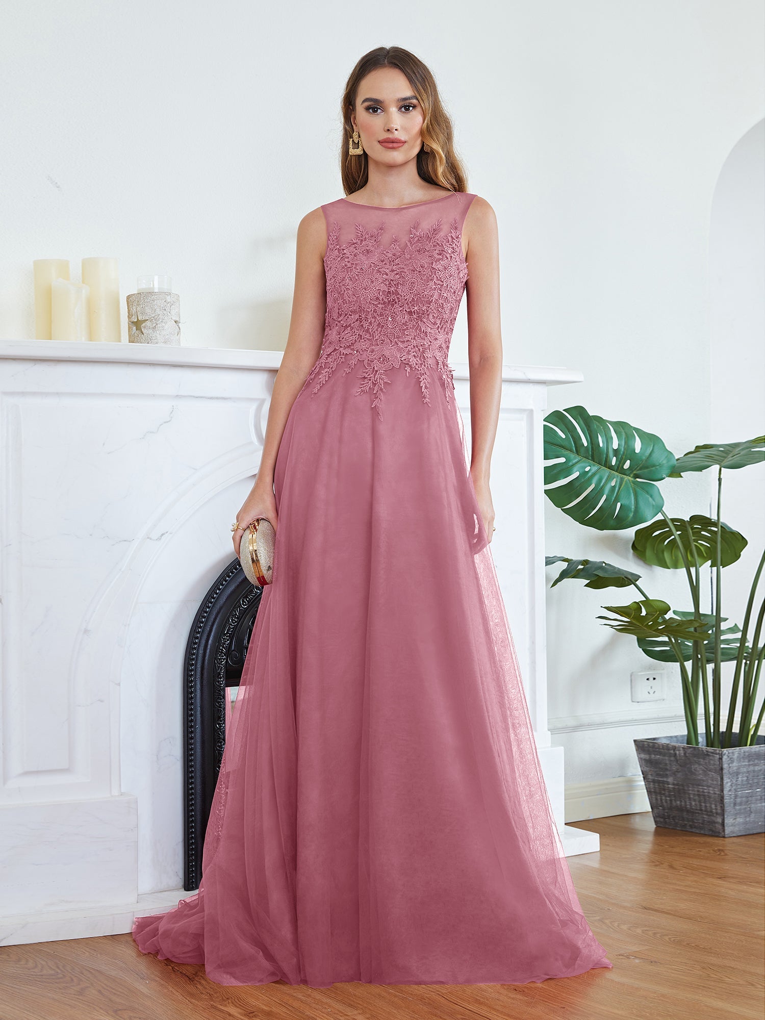 Long Sleeveless Round Neck Tulle A line Lace Appliques Bridesmaid Dress - YESBABYONLINE