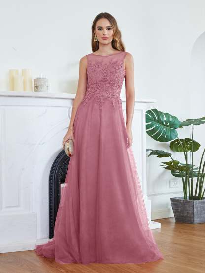 Long Sleeveless Round Neck Tulle A line Lace Appliques Bridesmaid Dress - YESBABYONLINE