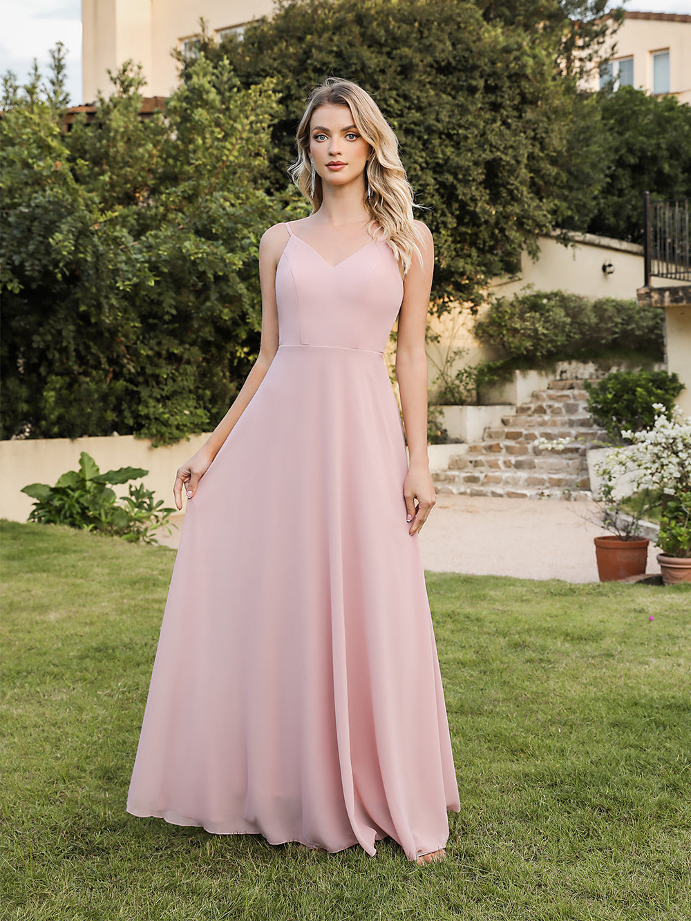 Long V-neck Backless Satin A-line Bridesmaid Dresses - YESBABYONLINE