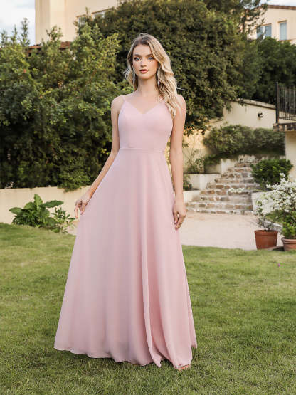 Long V-neck Backless Satin A-line Bridesmaid Dresses - YESBABYONLINE