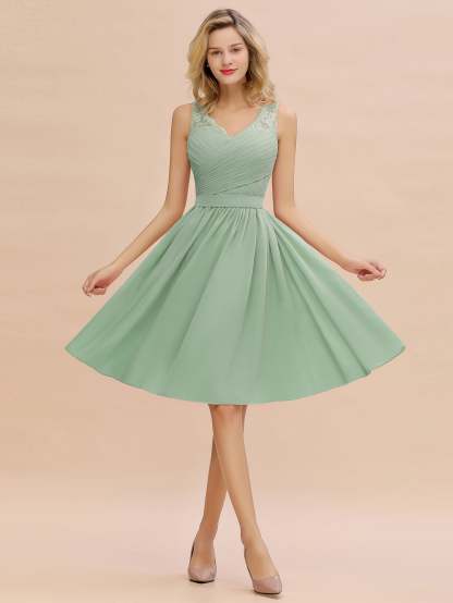 Simple Short A Line V-neck Chiffon Knee Length Bridesmaid Dress - YESBABYONLINE
