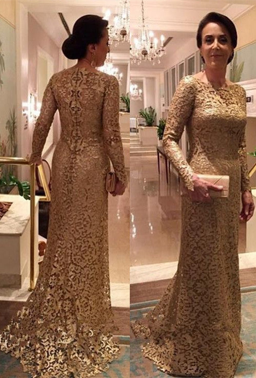 Chic Gold Lace Long Sleeve Mother Of The Bride Dress Yesbabyonline 