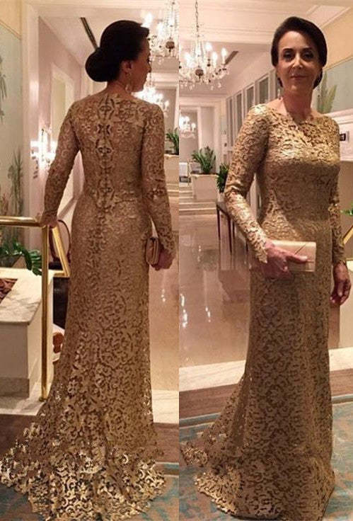 Chic Gold Lace Long Sleeve Mother Of The Bride Dress Yesbabyonline