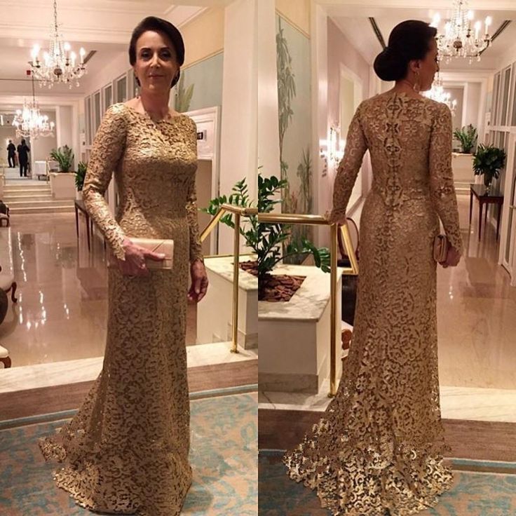 Chic Gold Lace Long Sleeve Mother Of The Bride Dress Yesbabyonline