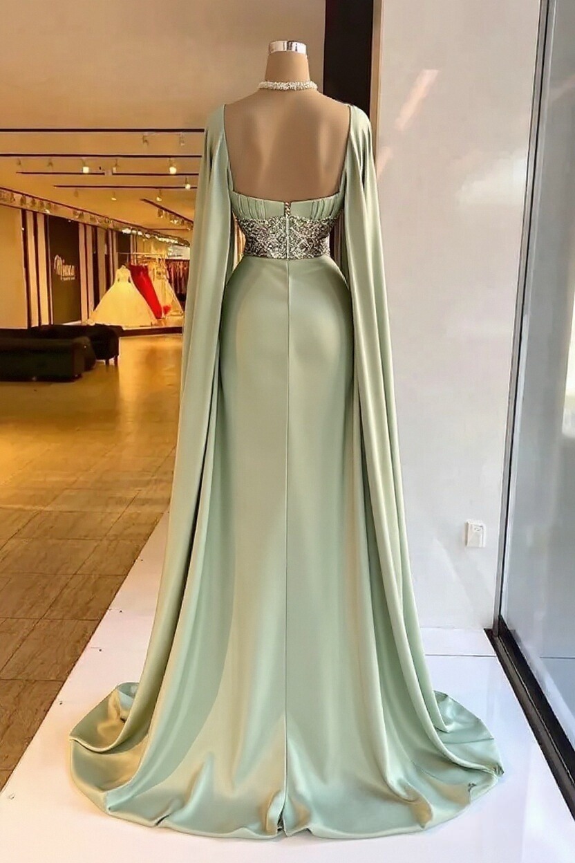 Elegant Halter Long Satin Beaded A-Line Mermaid Evening Dress