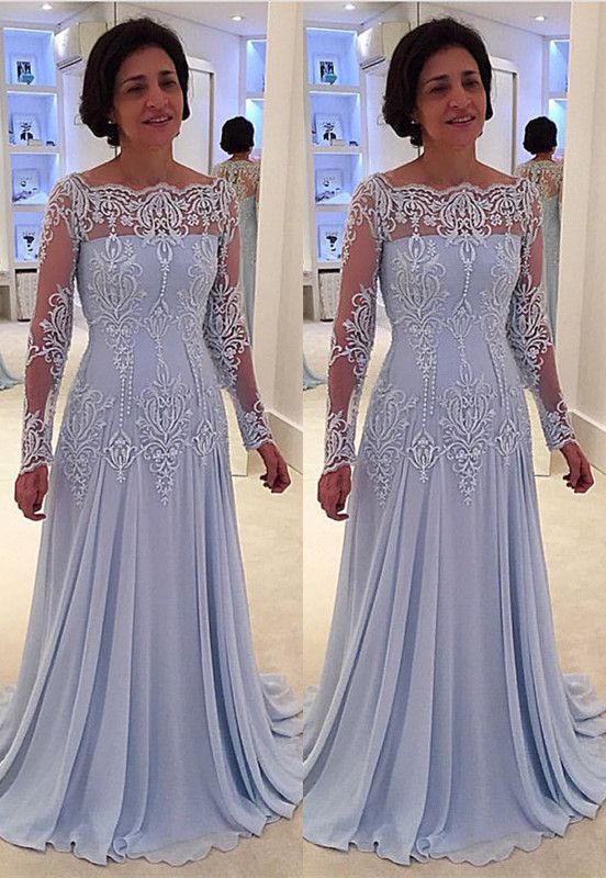 Elegant Long A-line Lace Chiffon Mother of the Bride Dresses with Sleeves
