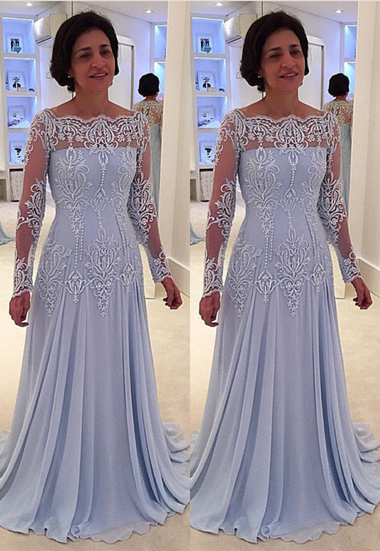 Elegant Long A-line Lace Chiffon Mother of the Bride Dresses with Sleeves