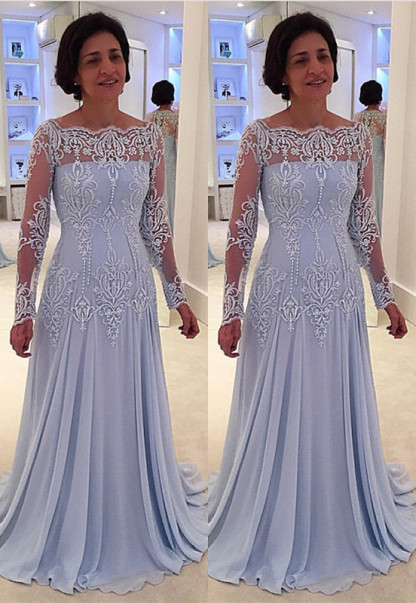 Elegant Long A-line Lace Chiffon Mother of the Bride Dresses with Sleeves