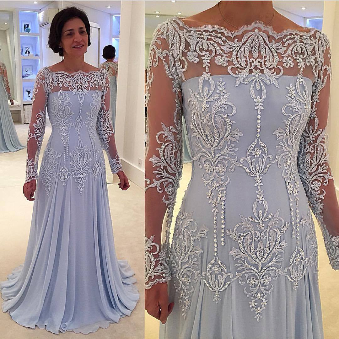 Elegant Long A-line Lace Chiffon Mother of the Bride Dresses with Sleeves