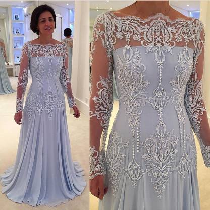 Elegant Long A-line Lace Chiffon Mother of the Bride Dresses with Sleeves