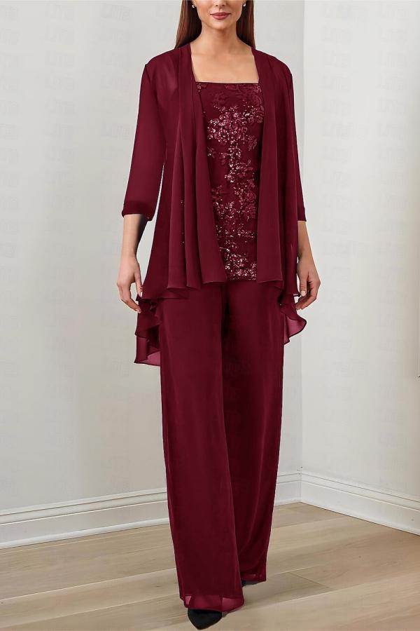 Elegant Long Appliques Lace Mother of the Bride Dress Chiffon Jumpsuit