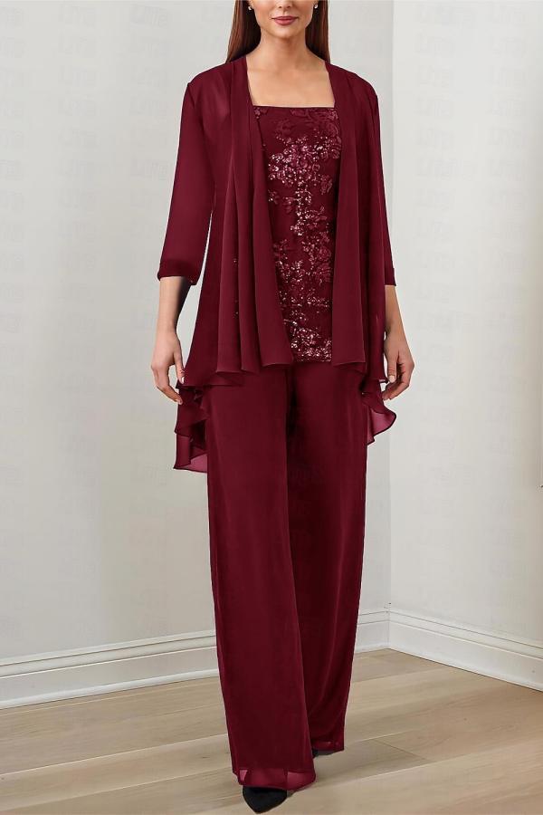 Elegant Long Appliques Lace Mother of the Bride Dress Chiffon Jumpsuit
