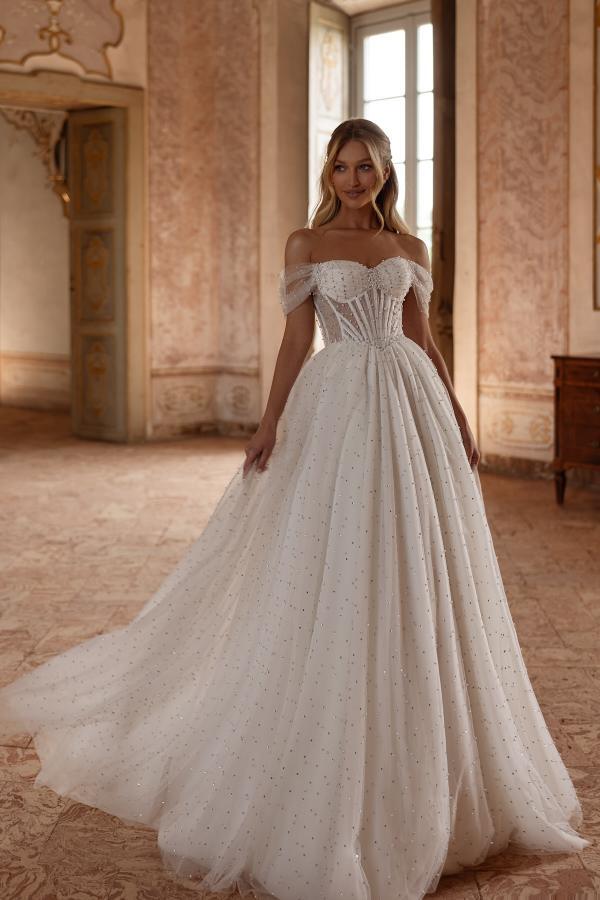 Long White A Line Off-The-Shoulder Tulle Wedding Dress - YESBABYONLINE