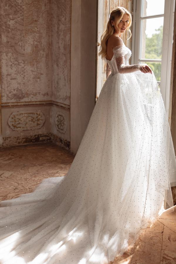 Long White A Line Off-The-Shoulder Tulle Wedding Dress - YESBABYONLINE