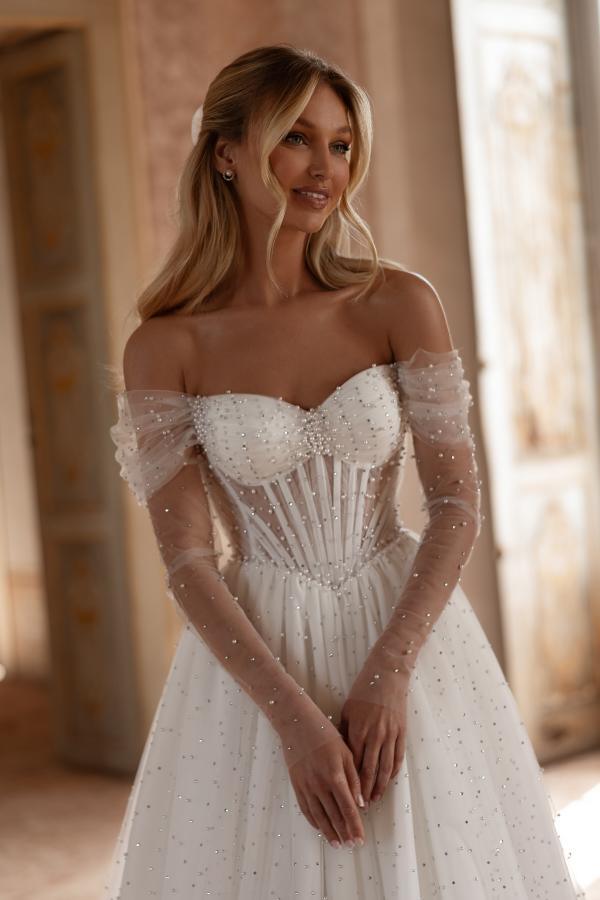 Long White A Line Off-The-Shoulder Tulle Wedding Dress - YESBABYONLINE