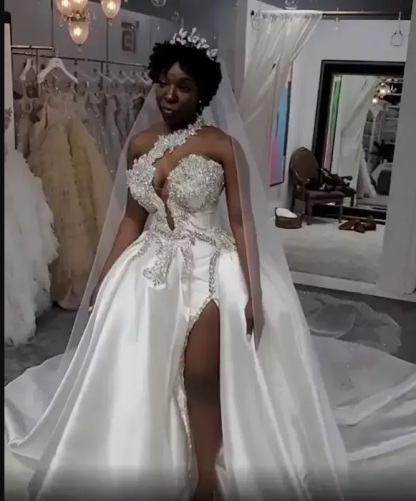 Elegant Slit Appliques Lace Beaded One Shoulder Mermaid Wedding Dress 
