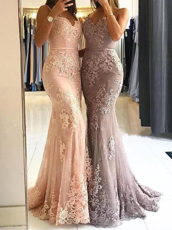 Elegant Spaghetti Straps Mermaid Appliques Lace Tulle Long Prom Dress 