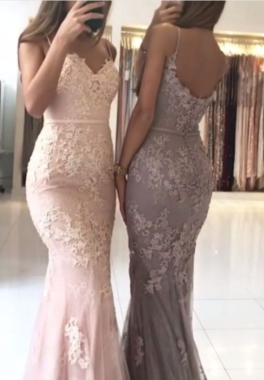 Elegant Spaghetti Straps Mermaid Appliques Lace Tulle Long Prom Dress 