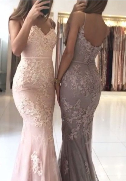 Elegant Spaghetti Straps Mermaid Appliques Lace Tulle Long Prom Dress 