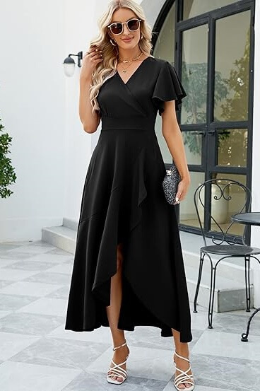 Elegant V-neck High Low Black Short Sleeve A-Line Prom Dresses