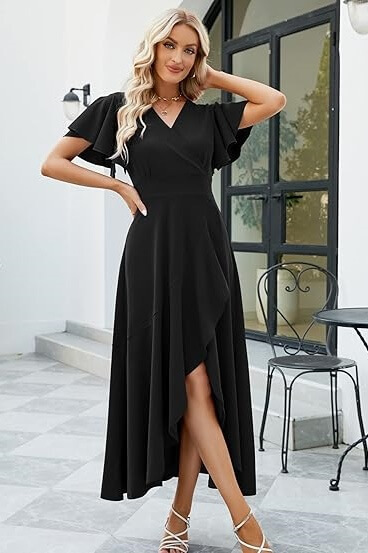 Elegant V-neck High Low Black Short Sleeve A-Line Prom Dresses