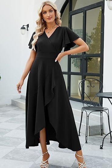 Elegant V-neck High Low Black Short Sleeve A-Line Prom Dresses