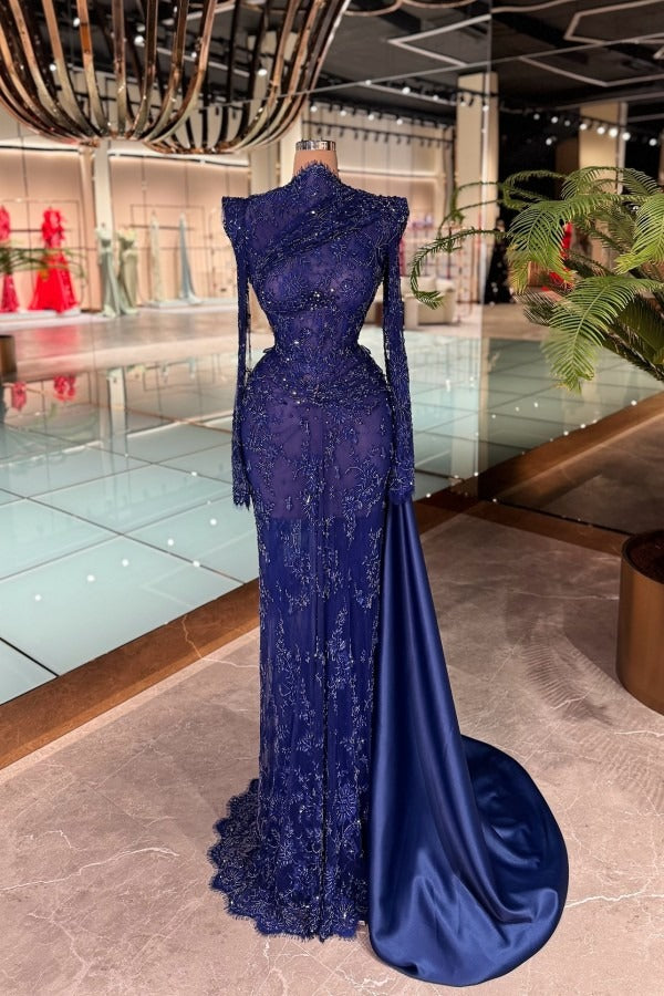 Long High Neck Tulle Lace Mermaid Formal Evening Dresses with Sleeves