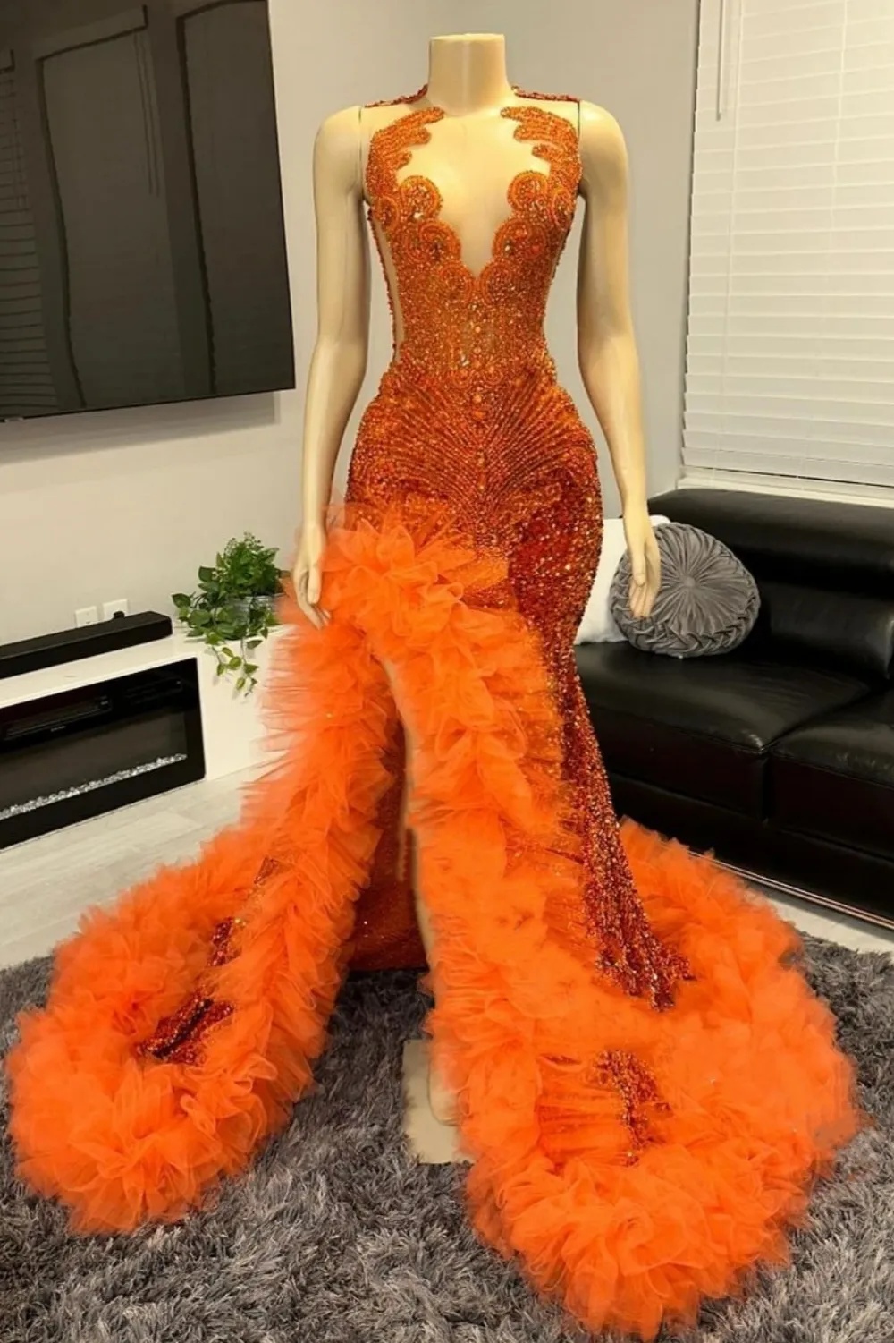 Exquisite orange sequined split front sleeveless mermaid prom dress
