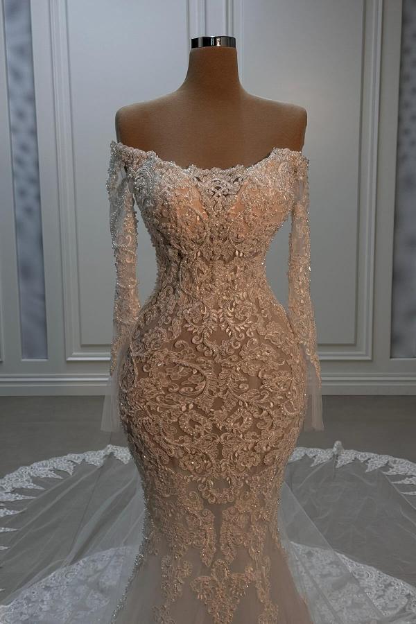 Luxurious Mermaid Strapless Long Sleeve Lace Tulle Wedding Dress