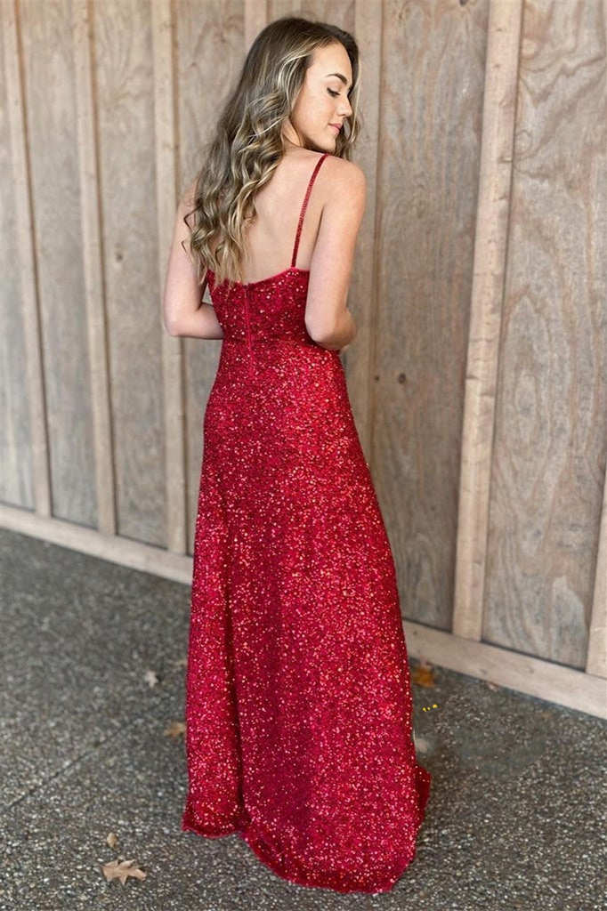 V-Neck Straps Red Sequins Long Prom Dress