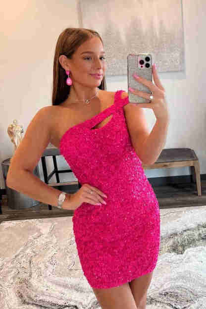 One Shoulder Blue Sequined Bodycon Homecoming Dress