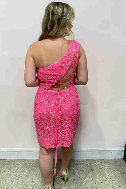 One Shoulder Lilac Sequins Homecoming Dress with Tie Back
