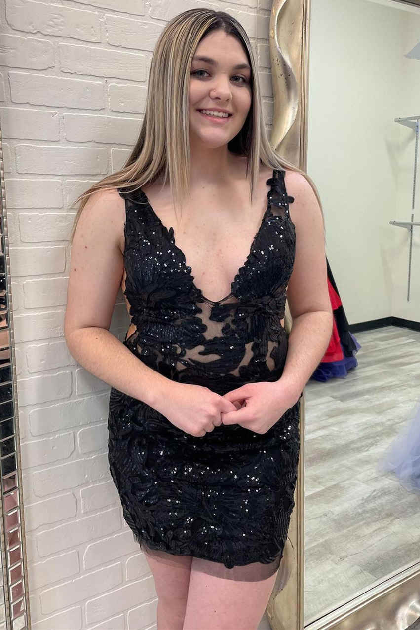 black dress with white gloves Sleeveless Simple V-neck Black Homecoming Dresses main image 0