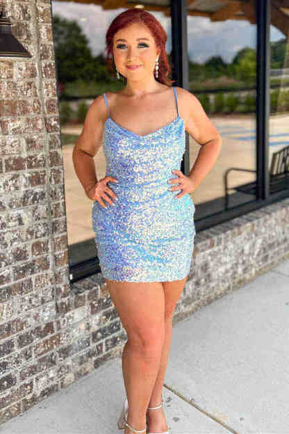 Tie Back Blue Iridescent Sequin Bodycon Homecoming Dress