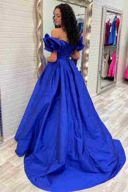 A-Line Ruffle Shoulder Fuchsia Satin Long Formal Dress