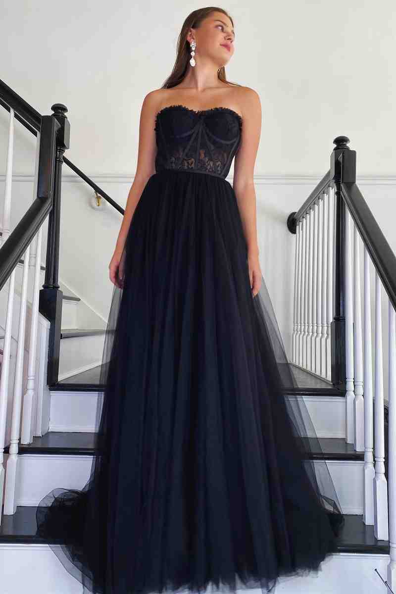 black lace corset prom dress Sweetheart Tulle Long A-line – YESBABYONLINE Key Features Sweetheart Neckline fitted maternity gown Dress Tape With Metal Size:US 10 / UK 14 / EU 40