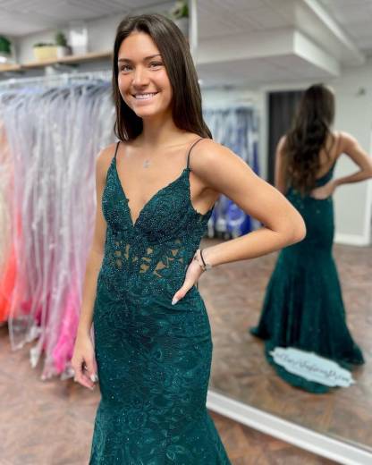 Royal Blue Mermaid Plunging V Straps Lace Long Prom Dress with Slit