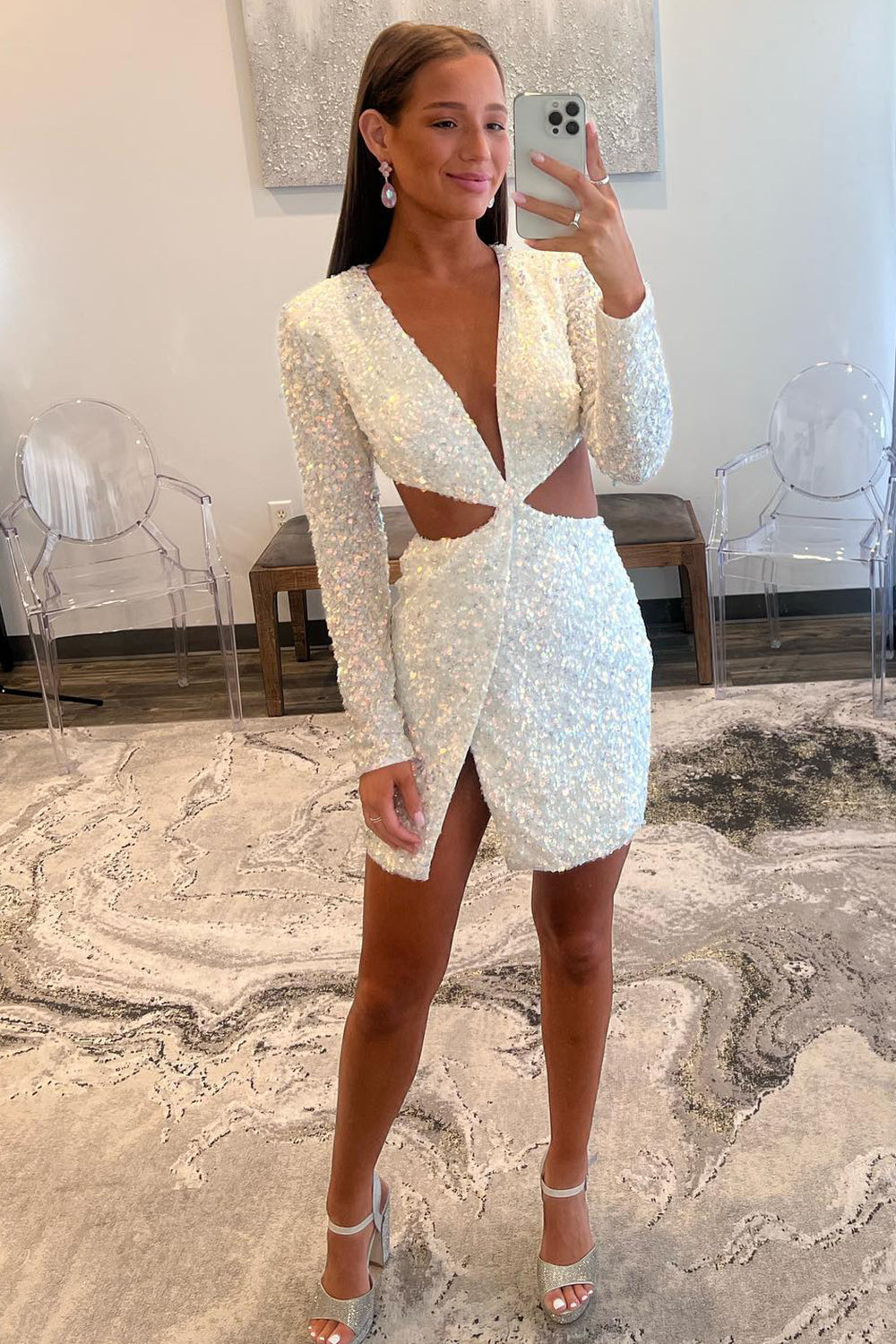 Plunging Neck Sky Blue Sequin Side Cutout Short Homecoming Dress