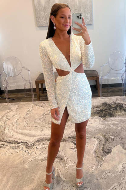 Plunging Neck Sky Blue Sequin Side Cutout Short Homecoming Dress