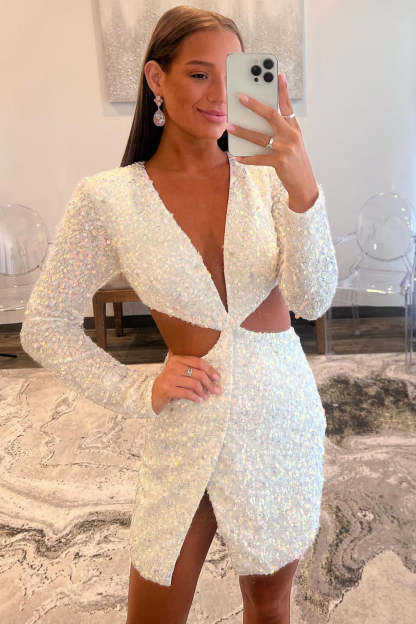 Plunging Neck Sky Blue Sequin Side Cutout Short Homecoming Dress
