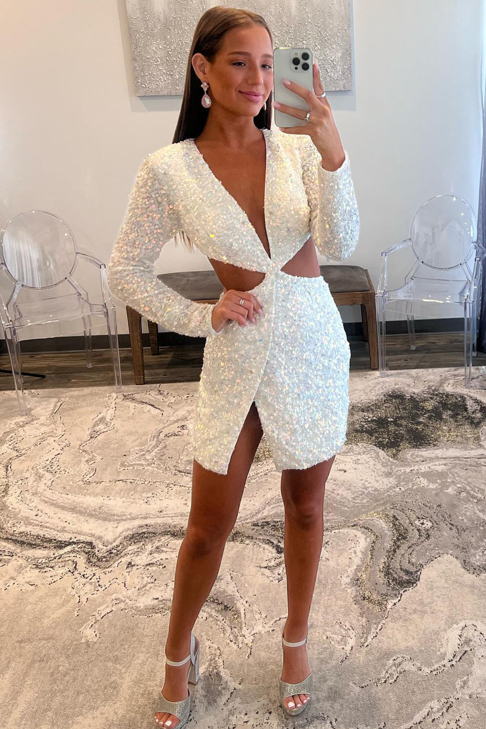 Plunging Neck Sky Blue Sequin Side Cutout Short Homecoming Dress