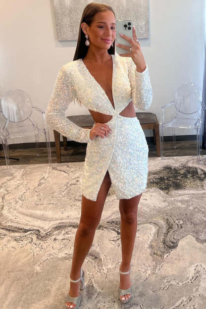 Plunging Neck Sky Blue Sequin Side Cutout Short Homecoming Dress