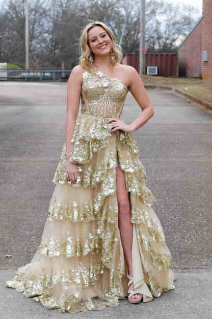 Lavender One Shoulder A-Line Layered Long Prom Dress with Sequin