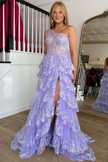 Lavender One Shoulder A-Line Layered Long Prom Dress with Sequin