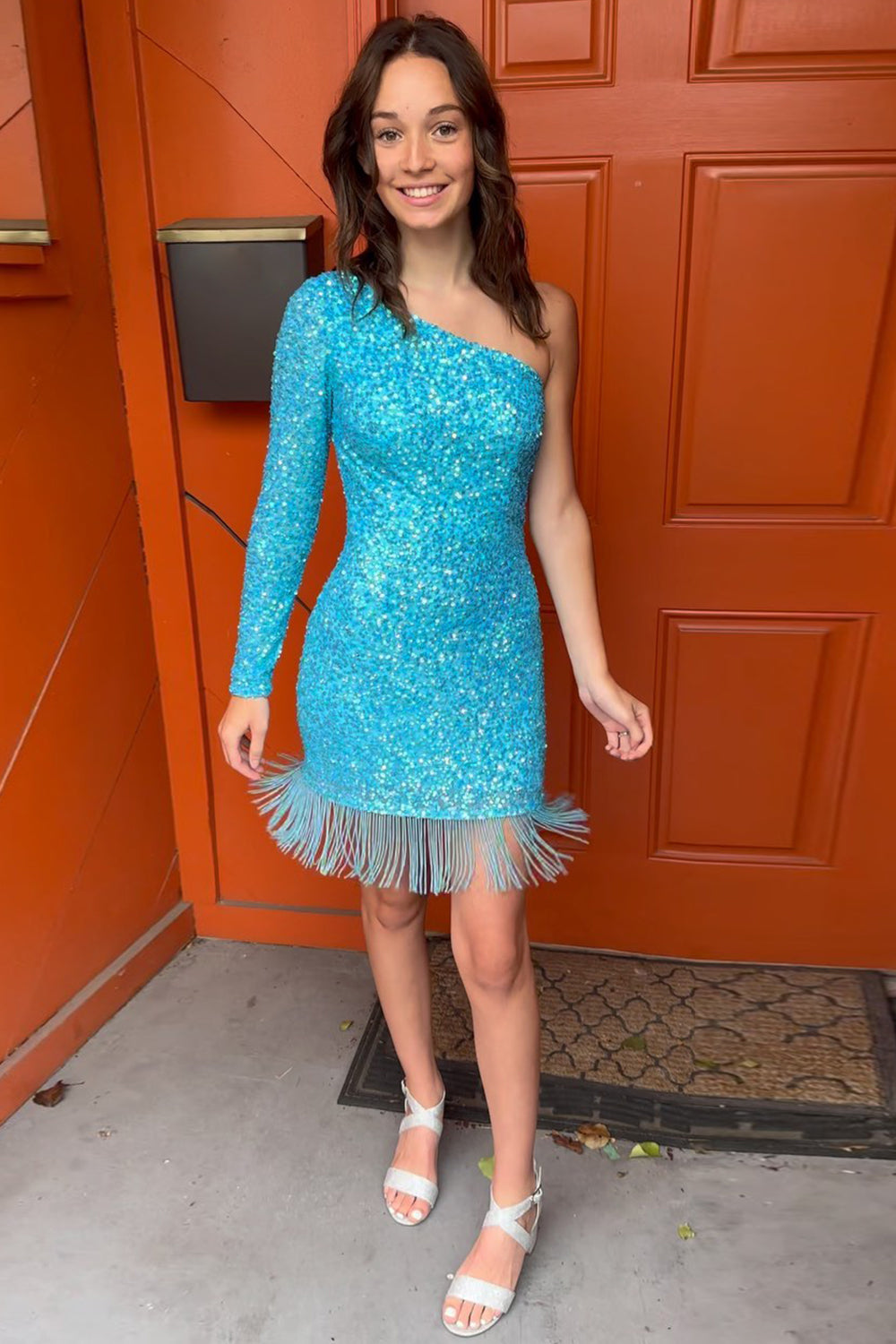 fitted lace wedding dress One Sleeve Sequin Homecoming Dresses Short