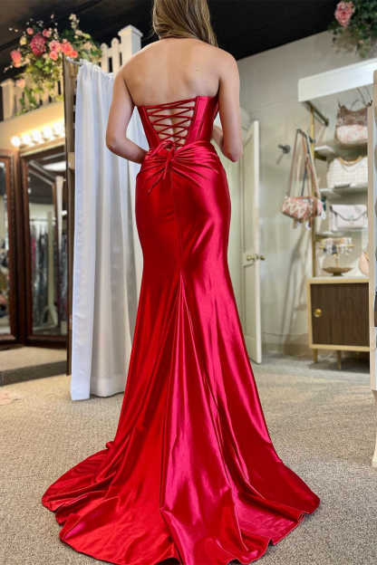 Red Strapless Ruched Mermaid Long Formal Dress with Slit