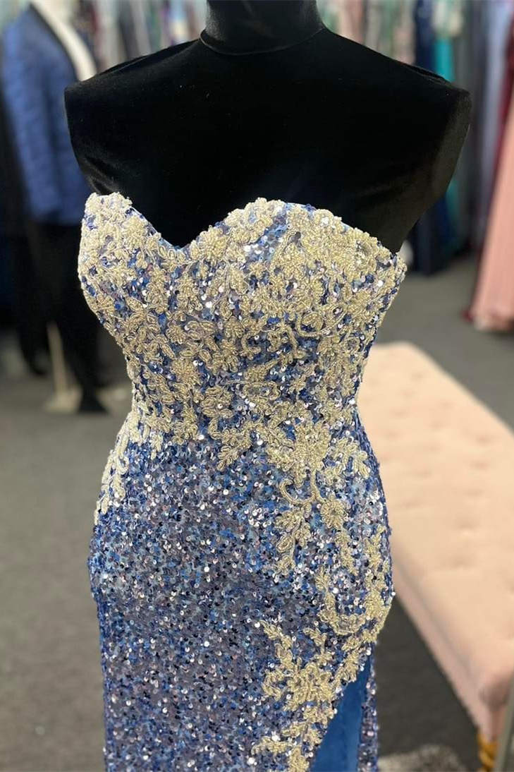 Periwinkle Strapless Sequin Prom Dress with Appliques