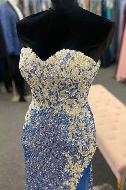 Periwinkle Strapless Sequin Prom Dress with Appliques