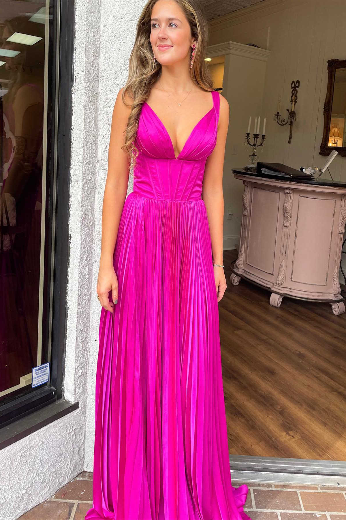 A-Line V-Neck Fuchsia Pleated Long Prom Formal Dress  YESBABYONLINE