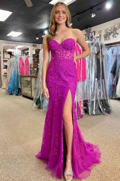 Mermaid Sweetheart Black Appliques Slit Long Prom Dress